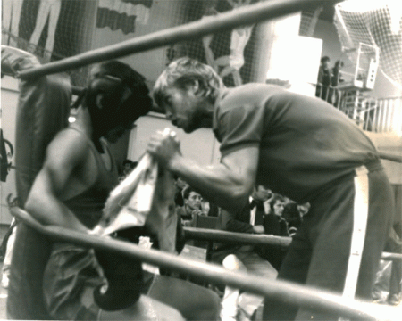 Boxing trainer Michael "Coach Mike" Kozlowski with Andrey Moskvichov in the Russian National Junior Olympics Final 1988.